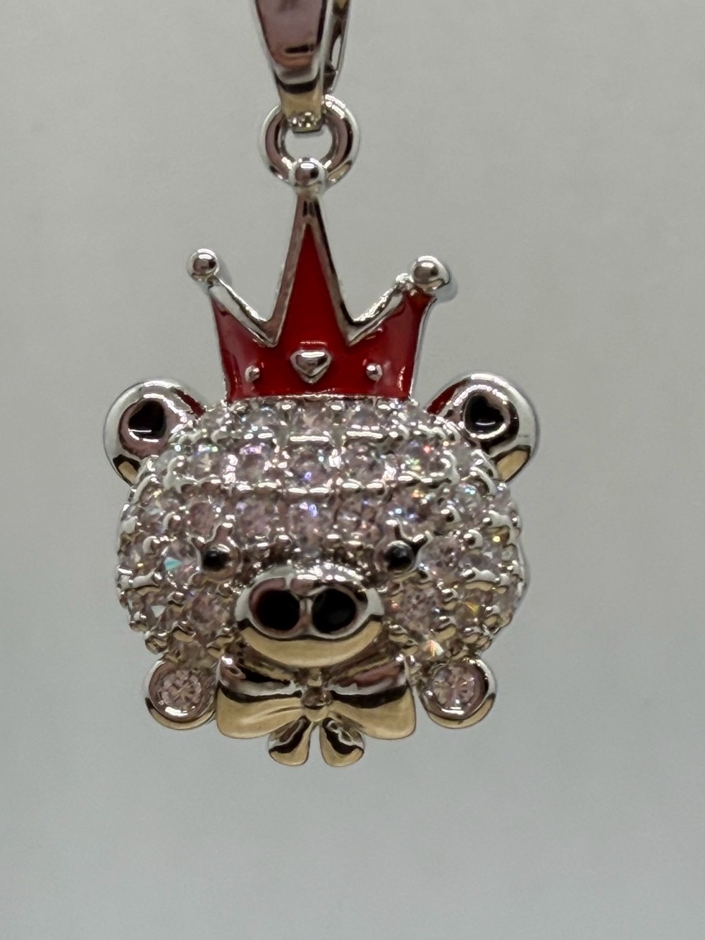 Children's Silver Teddy Bear Crown Pendant - Clear Crystals